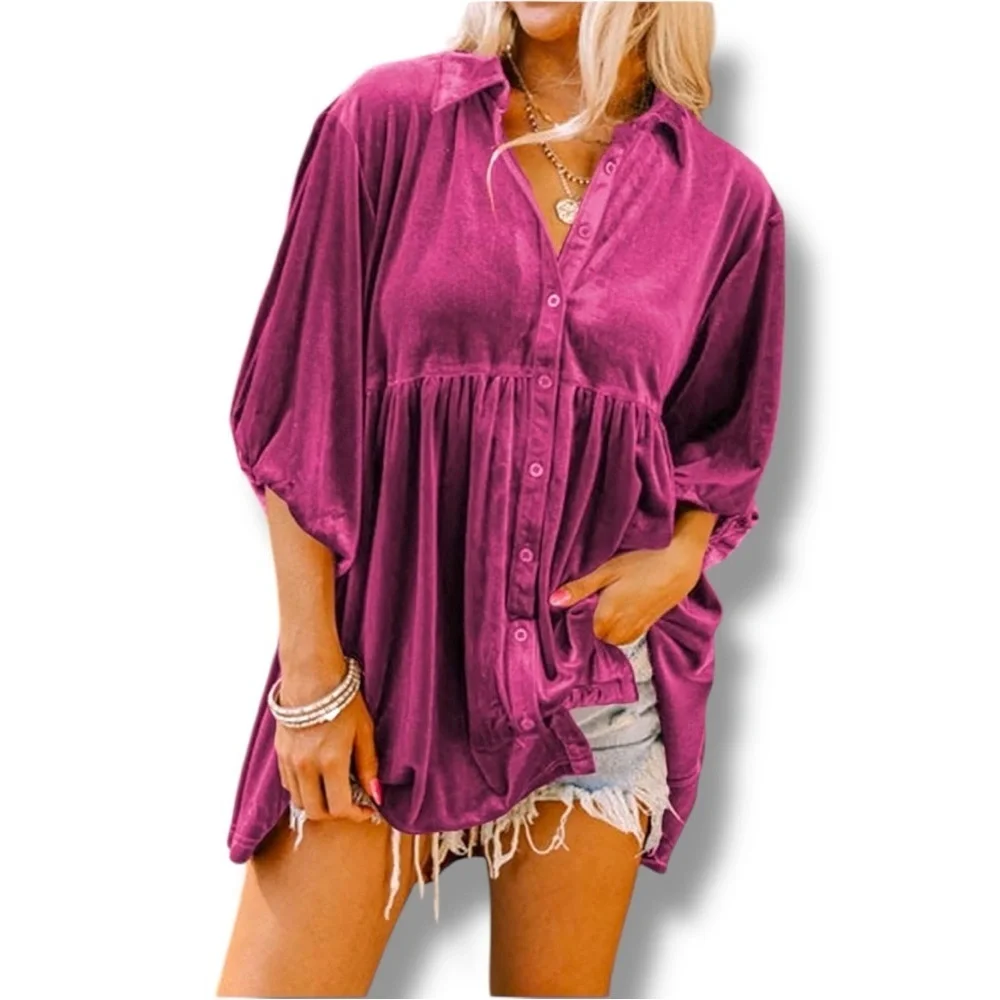 Chic Fuchsia Button-Front Velvet 3/4 Balloon Sleeves Tiered Collared Tunic Top